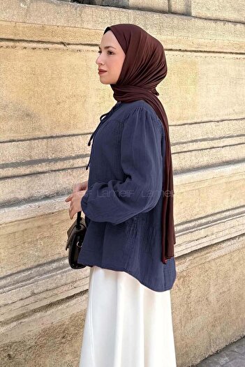 lamelif V-Neck Muslim Hijab Shirt with Elastic Sleeves, Navy Blue