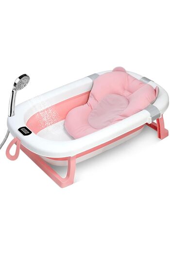SKY TOUCH SKY-TOUCH Baby Foldable Bath Tub with Bathmat Cushion & Thermometer, Portable Baby Bathtub with Drai