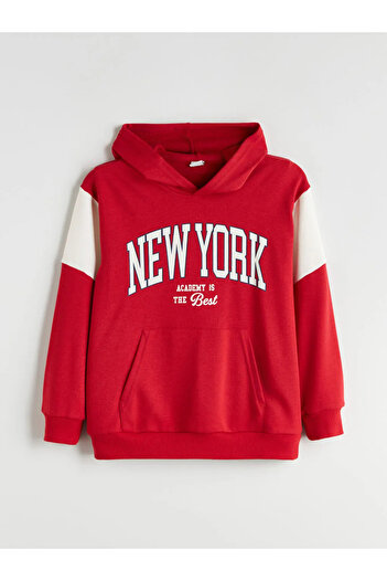 LC Waikiki Lcw Kids Red Hooded New York Printed Boys' Sweatshirt