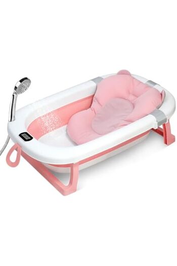 SKY TOUCH SKY-TOUCH Baby Foldable Bath Tub with Bathmat Cushion & Thermometer, Portable Baby Bathtub with Drai