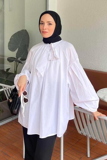 lamelif Collar Scarf Detailed Shirt White