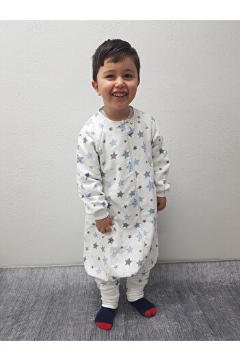 RUKİYE YAVUZ Pamuk Pazen Long Sleeve Winter Baby Sleeping Bag 100% Cotton Special Design 20-24 °   Blue Star