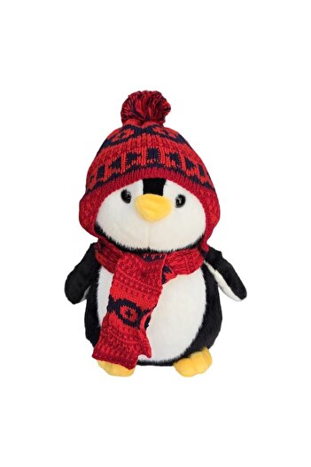 MASHASHOP Plush Penguin, realistic, hat and scarf, red/multicolor, 30 cm