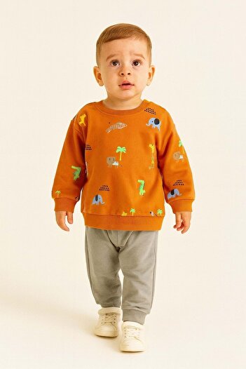 ww waka waka kids store Детски спортен екип за момчета с животински принт, закопчаване с копчета и еластични крачоли