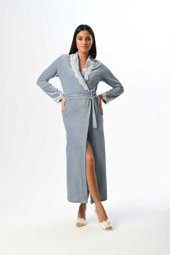 Lohussa Women's Blue Velvet Shawl Collar Lace Winter Special Design Full Length Dressing Gown