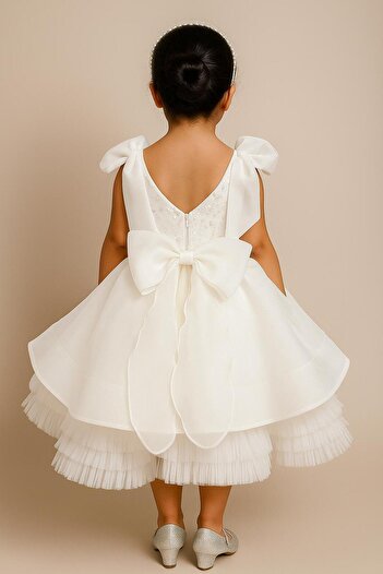 MİSS RAİN Special Design Single Piece White Sleeve with Sequins and Pearl Detail Girls' Evening Dress