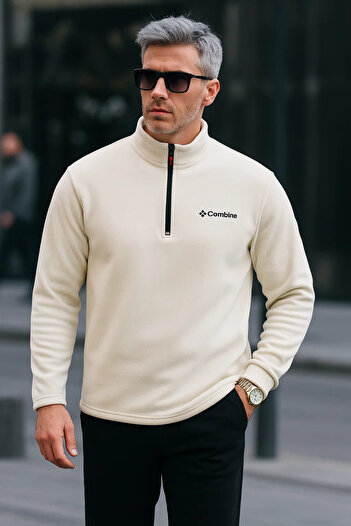 COMBİNE MİCHAİL Men's Half Zipper Ecru Slim Fit Fleece Sweatshirt