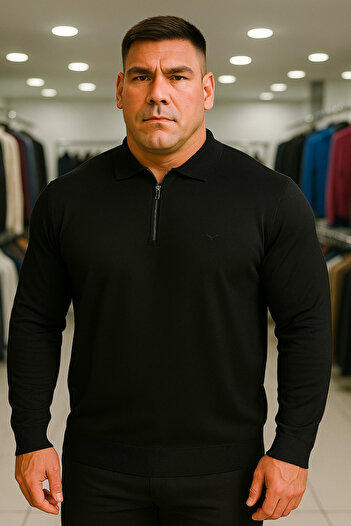 Maccali Men's Plus Size Basic Black Zippered Sweatshirt
