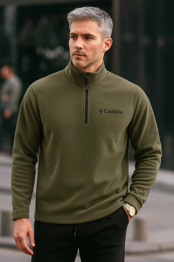 COMBİNE MİCHAİL Men's Half Zipper Khaki Slim Fit Fleece Sweatshirt