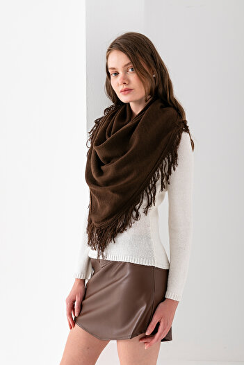 Wega Moda Women's Plain Triangle Scarf - Tasseled Knitwear and Shoulder Shawl |   Hand Knitted Soft Wool Yarn Special Production