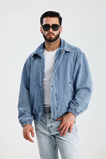 İLKCET MODA Jachetă bomber oversize din denim cu fermoar albastru premium