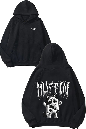 THEWERT Muffin Bluey Metal Design Back Printed Black Hooded Sweatshirt