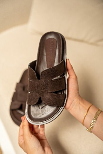 LAMİNTA Olden Bitter Brown Suede Thick Sole Women's Slippers
