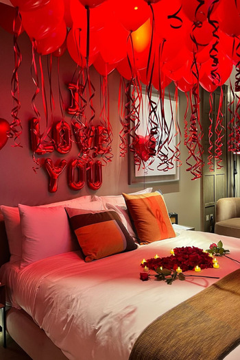 Baloncu Nene I Love You Written Foil Balloon Set Red Balloon Heart Balloon Rose Petal Decor Wedding Anniversary