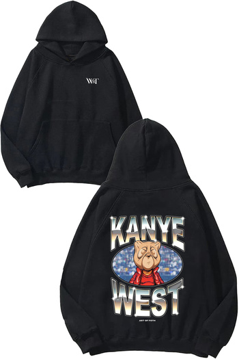 THEWERT Hanorac negru cu glugă cu imprimeu la spate Kanye West 1 Design