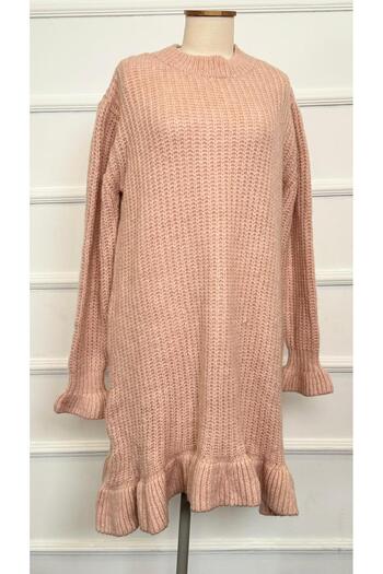 RACE FASHİON Crew Neck Long Knit Dress with Ruffled Sleeves and Hem Rc8000