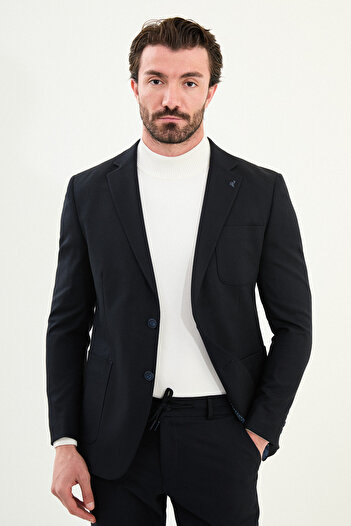 Mcr Straight Slim Fit Bag Pocket Drawstring Elastic Waist Wool Men's Suit Navy Blue - 45417.25K