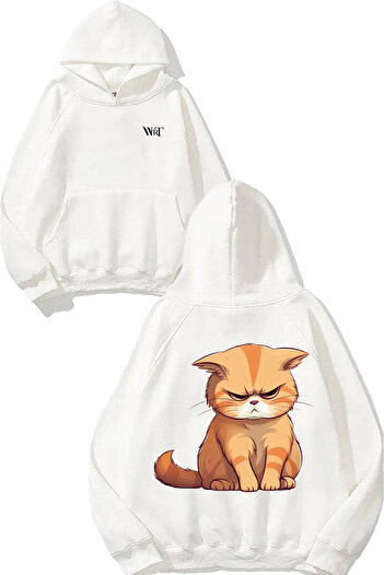 THEWERT Angry Cat Design Back Printed White Hooded Sweatshirt