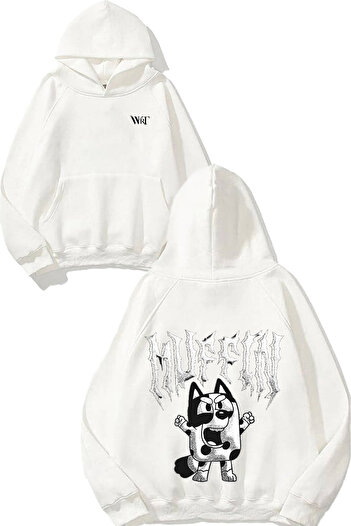 THEWERT Muffin Bluey Metal Design Back Printed White Hooded Sweatshirt