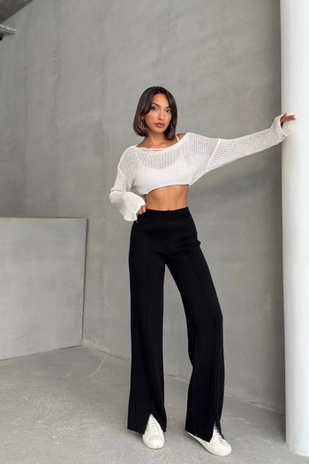 Lusin Women's Black High Waist Stylish Stripe Detailed Wide Leg Knitwear Trousers