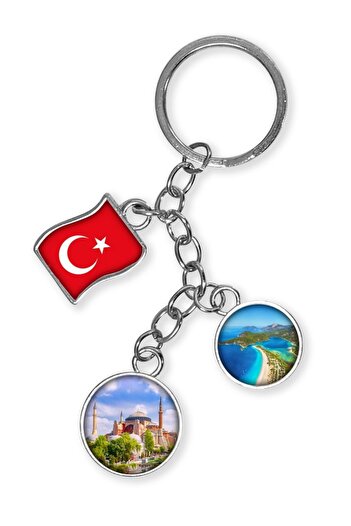 Dünyadan Hediyeler Turkey Triple Epoxy Metal Double Sided Drop Keychain Turkey