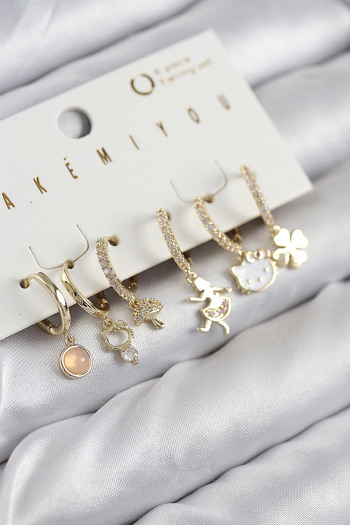 norsary Brass Zircon Stone Hello Kity and Clover Model Gold Color Set of 6 Earrings