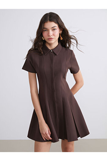 LC Waikiki Brown Shirt Collar Pleated Mini Dress