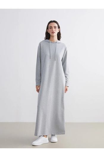 LC Waikiki Lcw Modest Gray Hooded Sweatshirt Dress