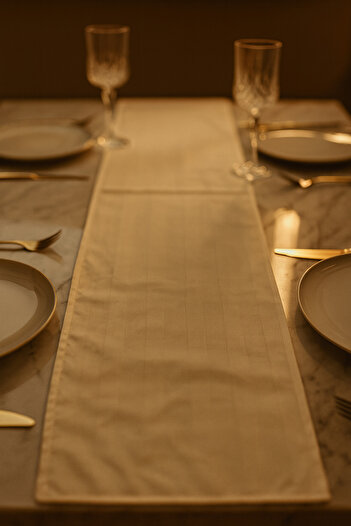 YUNUSOĞLU HOME Cream Striped Cotton Stylish Table Runner 50X150 cm – Modern and Elegant Tablecloth Runner