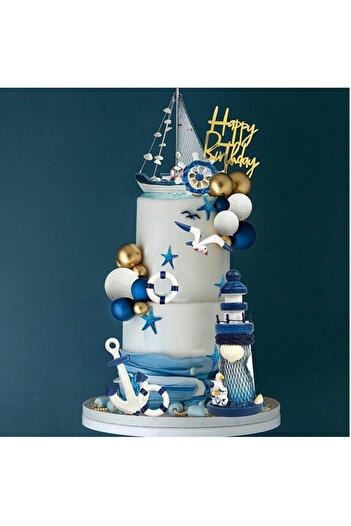 Choice 24pcs 24Pcs Blue White Nautical Theme Cake Topper Anchor Ship Seagull Cake Decorations Birthday Part