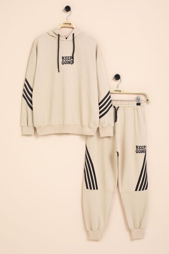 Cansın Mini Beige Boy's Keep Going Printed Striped Boys' Hooded Tracksuit Set 23420