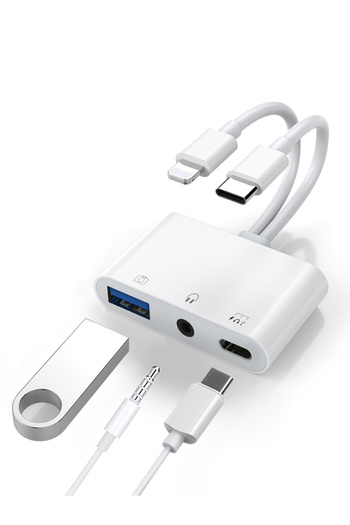 Choice WHITE Byscoon Lightning/Type C إلى USB 3.0 /3.5mm/Type C OTG محول 3.5mm موزع صوت لمقبس الصوت لـ iP