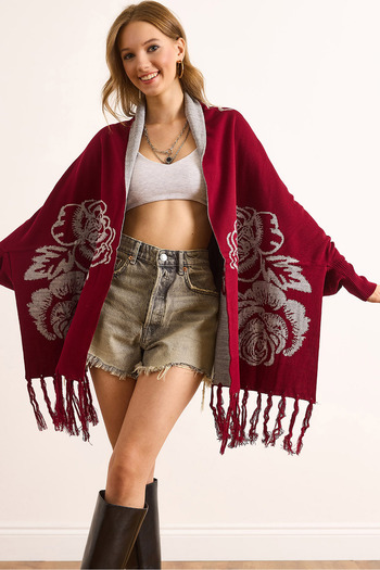 Olalook Women's Burgundy Rose Patterned Fringed Poncho Cardigan Hrk-19000383