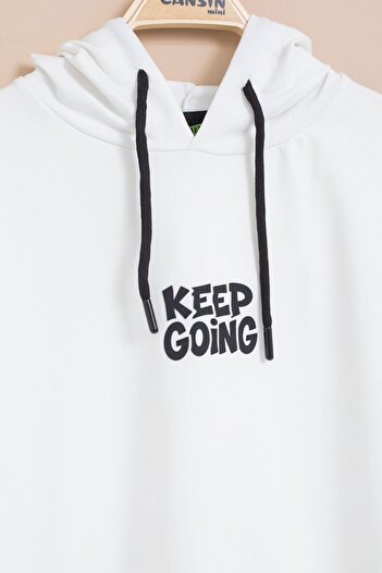 Cansın Mini White Boy's Keep Going Written Stripe Boys' Hooded Tracksuit Set 23417
