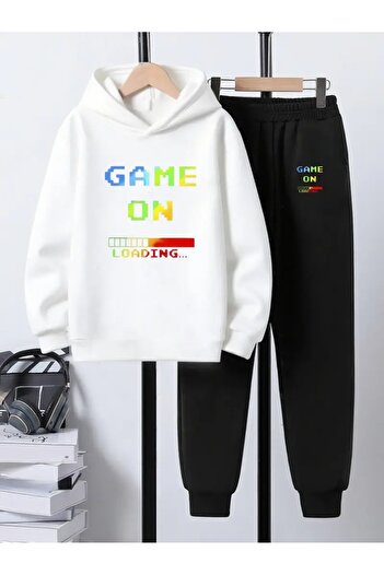 YUNAYT Children's Printed Hooded Sweatshirt and Sweatpants Set 3 Thread Raster for Autumn/Winter