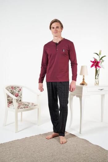 Estiva Men's Winter Plaid Combed Cotton Single Jersey Pajama Set Burgundy