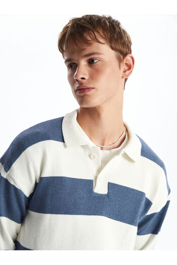 LC Waikiki Indigo Polo Collar Long Sleeve Striped Men's Knitwear Sweater