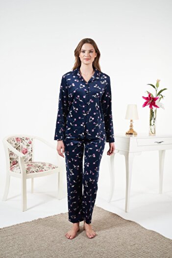 Estiva Women's Winter Front Buttoned Cherry Patterned Velvet Pajama Set Navy Blue