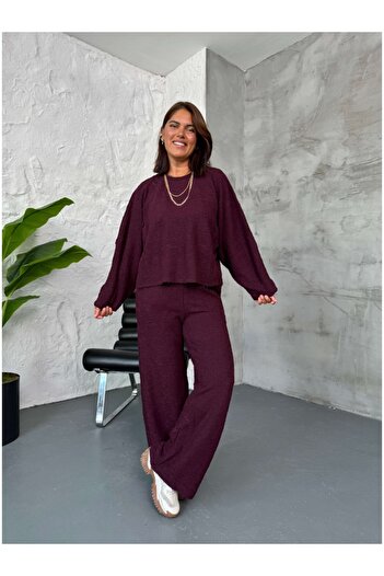 Elif Özbey Butik Burgundy Textured Sweat Pants Set