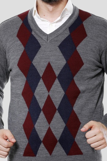 HEDEFNUR TEKSTİL Men's Middle-Aged and Older Knitwear Knitted Argyle Pattern Acrylic Winter Dad V-Neck Sweater