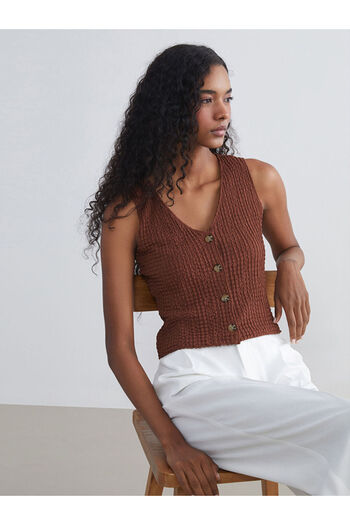 LC Waikiki Brown V-Neck Textured Women's Vest