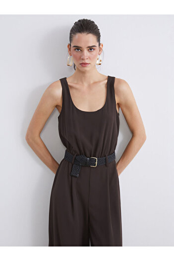 LC Waikiki Brown U-Neck Belted Women's Jumpsuit
