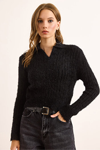 Olalook Women's Black Polo Neck Hair Braided Crop Beard Blouse Blz-19003094