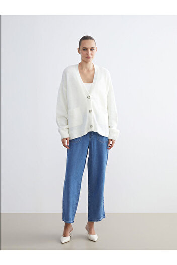 LC Waikiki Ecru V-Neck Oversize Women's Knitwear Cardigan