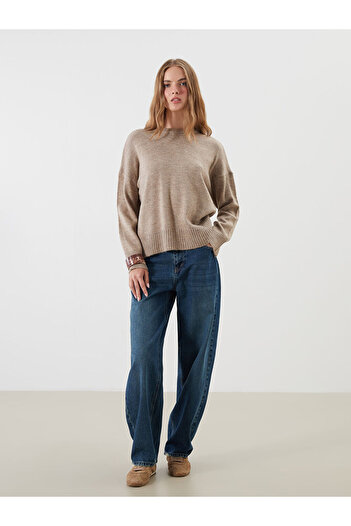 LC Waikiki Brown Crew Neck Oversize Women's Knitwear Sweater
