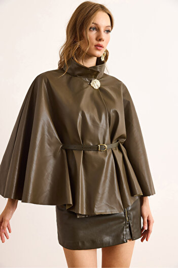 Olalook Women's Khaki Velvet Lined Faux Leather Cape Coat Ckt-19000462