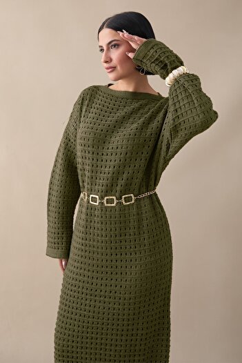 InStyle Openwork Khaki Knitwear Dress