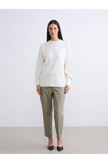 LC Waikiki Ecru Crew Neck Floral Women's Knitwear Tunic