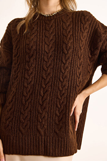 Olalook Women's Brown Thick Hair Braided Oversize Knitwear Sweater Kzk-19000986