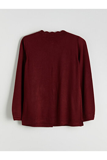 LC Waikiki Burgundy Ruffled Crew Neck Women's Knitwear Cardigan